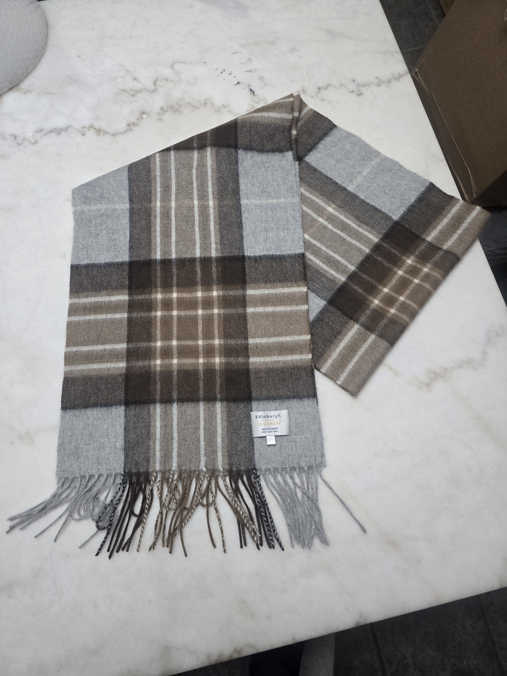 Edinburgh Men's Plaid Cashemere Scarf in Brown and Gray